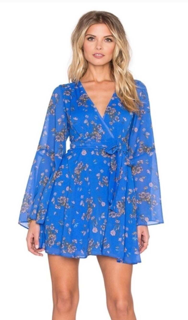 Free People Lilou Printed Cobalt Combo Floral Mini Wrap Dress